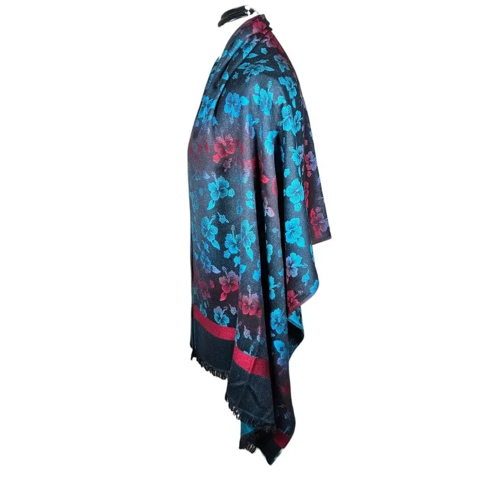 Floral Scarf Wrap Black Blue Red Hibiscus 27" x 70" Soft Pashmina‎ Type - Picture 8 of 8